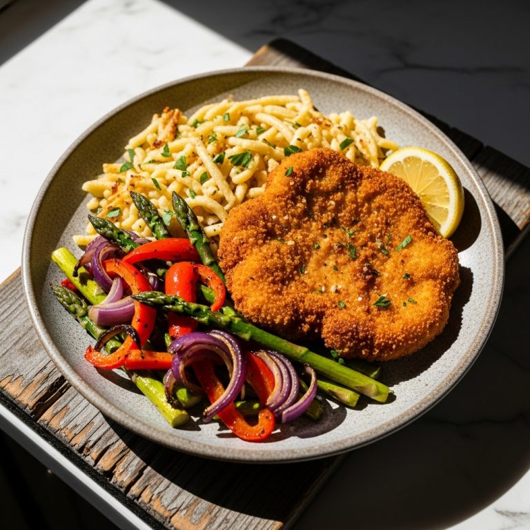 “Mouthwatering Gluten-Free German Schnitzel with Garlic Spätzle and Crispy Roasted Vegetables”